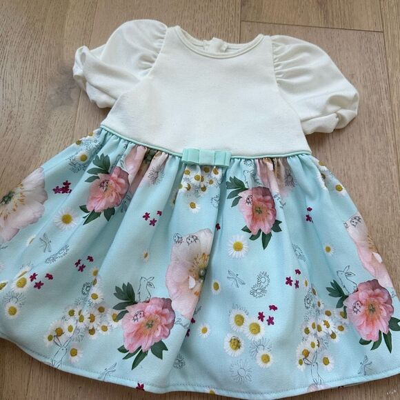 Ted Baker White Blue Floral Puff Sleeve Party Summer Dress Size 6-9 Months - Picture 2 of 8